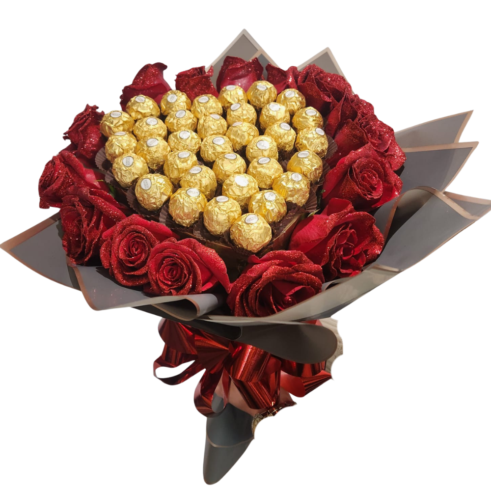 Bouquet Amor Dorado con rosas rojas y bombones Ferrero Rocher