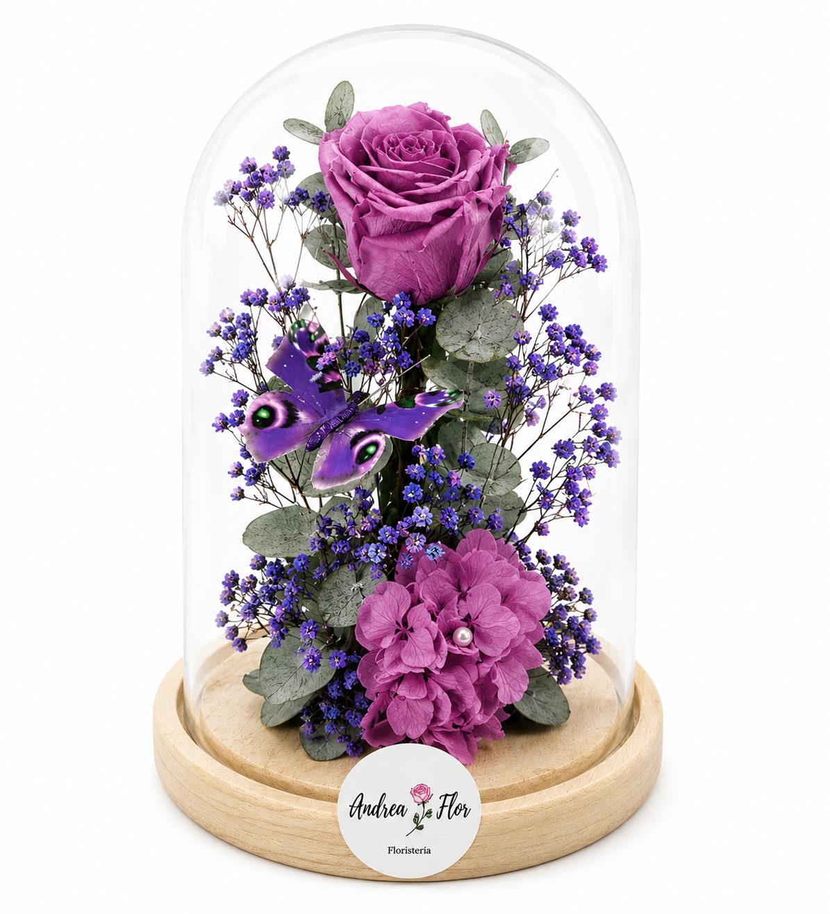 Cúpula de rosa preservada violeta con mariposa y flores secas